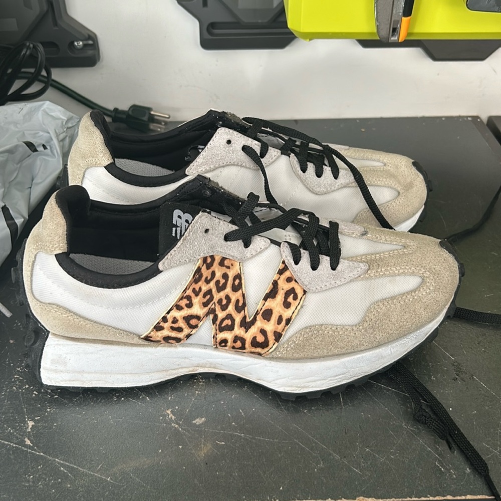New Balance White and Leopard Print Sneakers